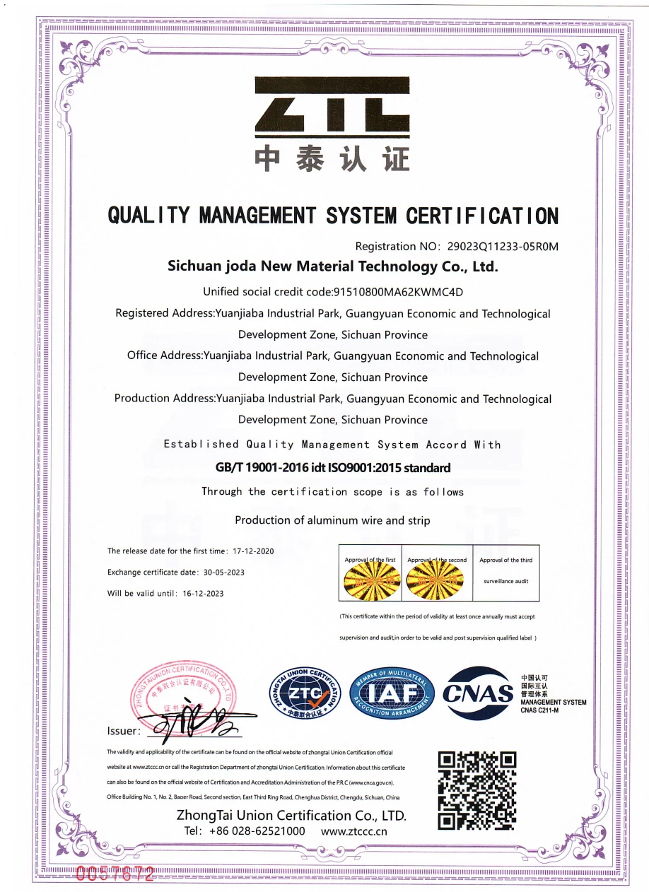 Joda · ISO 9001: client-supplied historical certificate copy